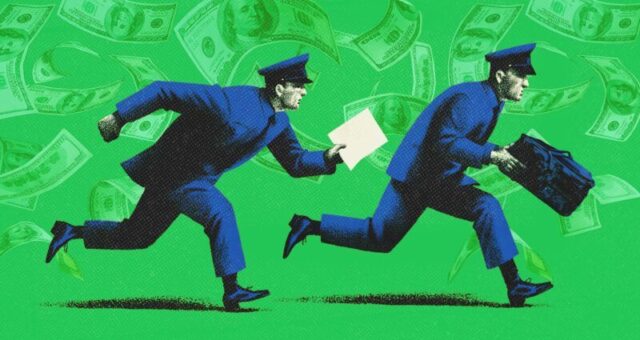 Illustration av två poliser som springer mot en grön bakgrund med dollarsedlar.